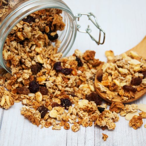 Homemade granola in a glass mason jar