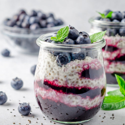 Chia pudding layered with blueberries